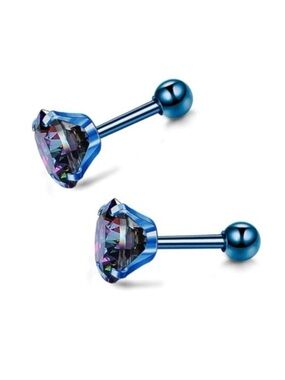 Blue Iridescent CZ Barbell Earrings Stainless Steel 20G 6mm